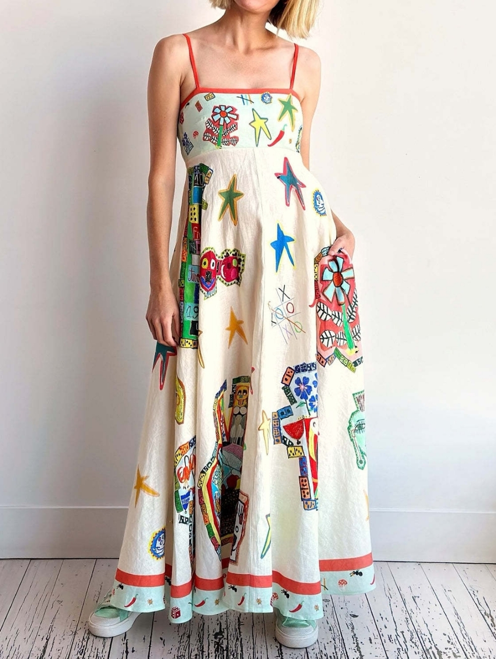 Bohemian White Maxi Dress with Colorful Graphic Print and Red Straps